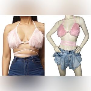C.BRIDGETT Pink Faux Fur Triangle Criss Cross Festival Halter Crop Bikini Top, M